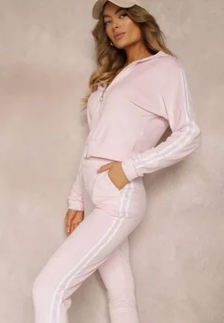Jasnoróżowy 2-częściowy Komplet Dresowy z Lampasami z Weluru Humna