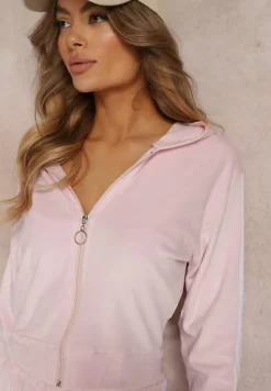 Jasnoróżowy 2-częściowy Komplet Dresowy z Lampasami z Weluru Humna
