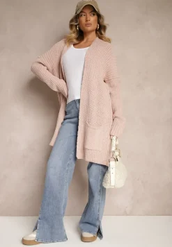 Jasnoróżowy Długi Kardigan Bez Zapięć z Obniżoną Linią Ramion i Kieszeniami Viatha