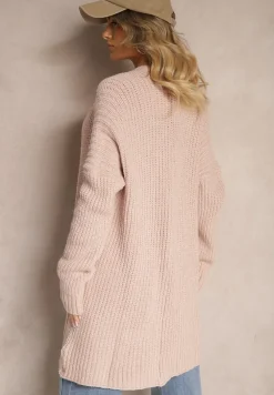 Jasnoróżowy Długi Kardigan Bez Zapięć z Obniżoną Linią Ramion i Kieszeniami Viatha