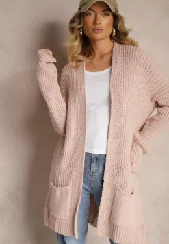 Jasnoróżowy Długi Kardigan Bez Zapięć z Obniżoną Linią Ramion i Kieszeniami Viatha