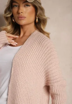 Jasnoróżowy Długi Kardigan Bez Zapięć z Obniżoną Linią Ramion i Kieszeniami Viatha