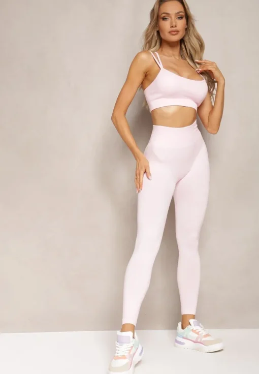Jasnoróżowy Elastyczny Komplet Fitness Usztywniany Biustonosz i Legginsy z Gumką Orbinra