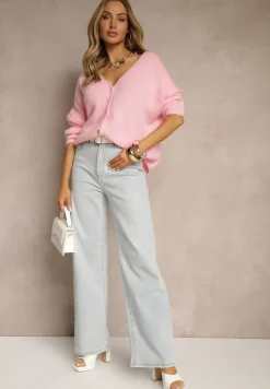 Jasnoróżowy Kardigan z Wełną i Moherem o Klasycznym Kroju z Dekoltem w Serek Avelmio