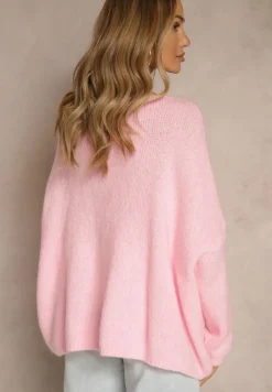 Jasnoróżowy Kardigan z Wełną i Moherem o Klasycznym Kroju z Dekoltem w Serek Avelmio