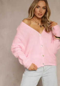 Jasnoróżowy Kardigan z Wełną i Moherem o Klasycznym Kroju z Dekoltem w Serek Avelmio
