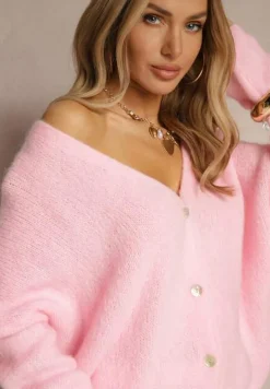 Jasnoróżowy Kardigan z Wełną i Moherem o Klasycznym Kroju z Dekoltem w Serek Avelmio