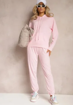 Jasnoróżowy Klasyczny Komplet Dresowy z Bluzą Kangurką i Spodniami Typu Jogger Salevia
