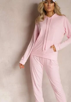 Jasnoróżowy Klasyczny Komplet Dresowy z Bluzą Kangurką i Spodniami Typu Jogger Salevia