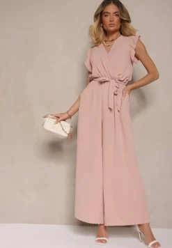 Jasnoróżowy Koktajlowy Kombinezon Wiązany Paskiem Wykończony Falbankami przy Ramionach Vimaseni