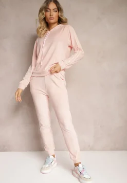 Jasnoróżowy Komplet Dresowy o Welurowym Wykończeniu Tandrea