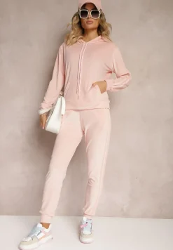 Jasnoróżowy Komplet Dresowy o Welurowym Wykończeniu Tandrea