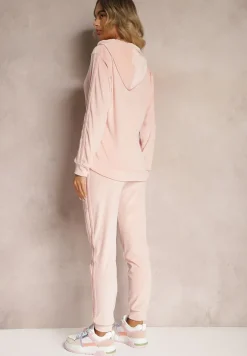 Jasnoróżowy Komplet Dresowy o Welurowym Wykończeniu Tandrea