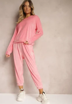 Jasnoróżowy Komplet Dresowy z Weluru Luźna Bluza z Dekoltem w V i Elastyczne Spodnie z Kieszeniami Esparkia