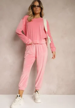 Jasnoróżowy Komplet Dresowy z Weluru Luźna Bluza z Dekoltem w V i Elastyczne Spodnie z Kieszeniami Esparkia