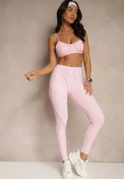 Jasnoróżowy Komplet Sportowy Zdobiony Przeszyciami Legginsy i Top Filaranea