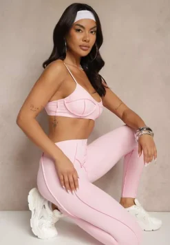 Jasnoróżowy Komplet Sportowy Zdobiony Przeszyciami Legginsy i Top Filaranea