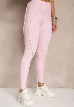 Jasnoróżowy Komplet Sportowy Zdobiony Przeszyciami Legginsy i Top Filaranea