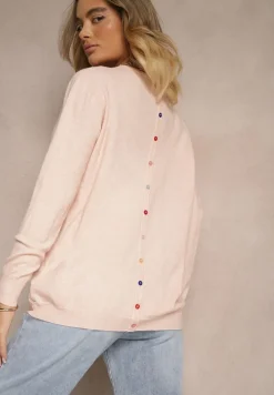 Jasnoróżowy Sweter z Kaszmirem Ozdobiony Kieszeniami Saniswena