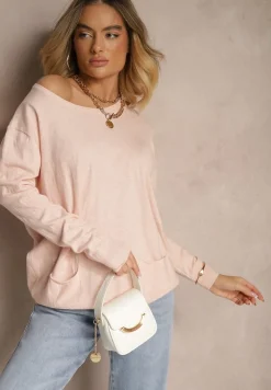 Jasnoróżowy Sweter z Kaszmirem Ozdobiony Kieszeniami Saniswena