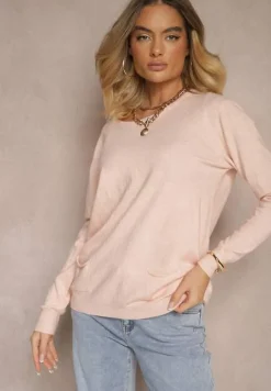 Jasnoróżowy Sweter z Kaszmirem Ozdobiony Kieszeniami Saniswena