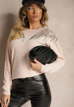 Jasnoróżowy Sweter z Wiskozą Ozdobiony Koralikami i Cekinami Nevarita
