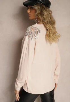 Jasnoróżowy Sweter z Wiskozą Ozdobiony Koralikami i Cekinami Nevarita