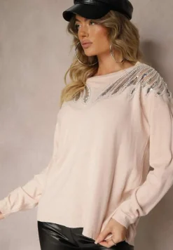 Jasnoróżowy Sweter z Wiskozą Ozdobiony Koralikami i Cekinami Nevarita
