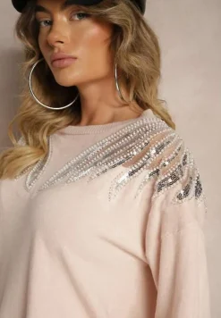Jasnoróżowy Sweter z Wiskozą Ozdobiony Koralikami i Cekinami Nevarita