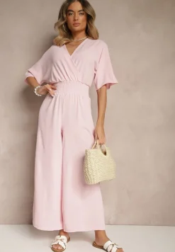 Jasnoróżowy Taliowany Kombinezon z Zakładkowym Dekoltem i Gumką w Pasie Vimalynna