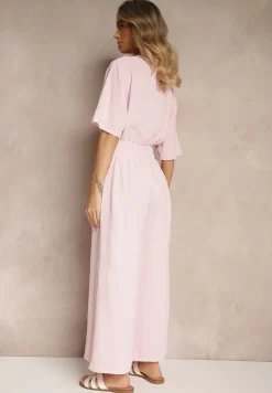 Jasnoróżowy Taliowany Kombinezon z Zakładkowym Dekoltem i Gumką w Pasie Vimalynna