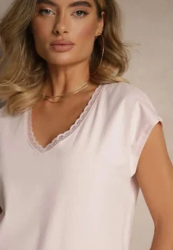 Jasnoróżowy T-shirt z Bawełny Ozdobiony Koronką Ralienne