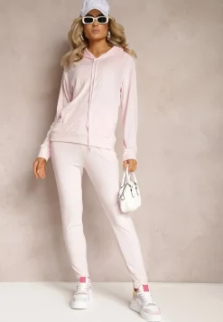 Jasnoróżowy Welurowy Komplet Dresowy Bluza z Kapturem i Spodnie Vilna