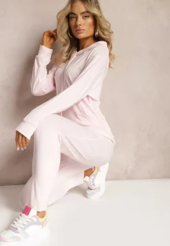 Jasnoróżowy Welurowy Komplet Dresowy Bluza z Kapturem i Spodnie Vilna