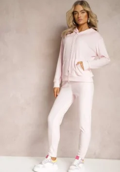 Jasnoróżowy Welurowy Komplet Dresowy Bluza z Kapturem i Spodnie Vilna