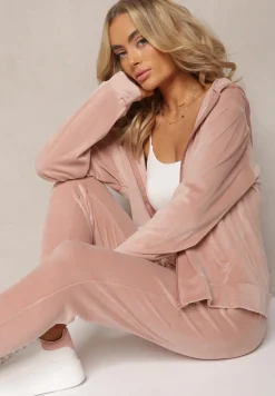 Jasnoróżowy Welurowy Komplet Dresowy Bluza z Kapturem i Proste Spodnie Arislo