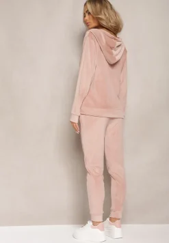 Jasnoróżowy Welurowy Komplet Dresowy Bluza z Kapturem i Proste Spodnie Arislo