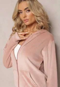 Jasnoróżowy Welurowy Komplet Dresowy Bluza z Kapturem i Proste Spodnie Arislo