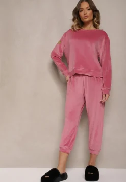 Jasnoróżowy Welurowy Komplet Dresowy z Bluzą i Spodniami Joggerami Mafira