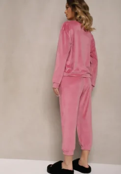 Jasnoróżowy Welurowy Komplet Dresowy z Bluzą i Spodniami Joggerami Mafira
