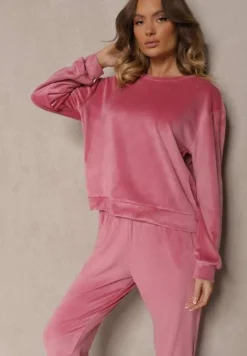 Jasnoróżowy Welurowy Komplet Dresowy z Bluzą i Spodniami Joggerami Mafira