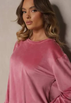 Jasnoróżowy Welurowy Komplet Dresowy z Bluzą i Spodniami Joggerami Mafira