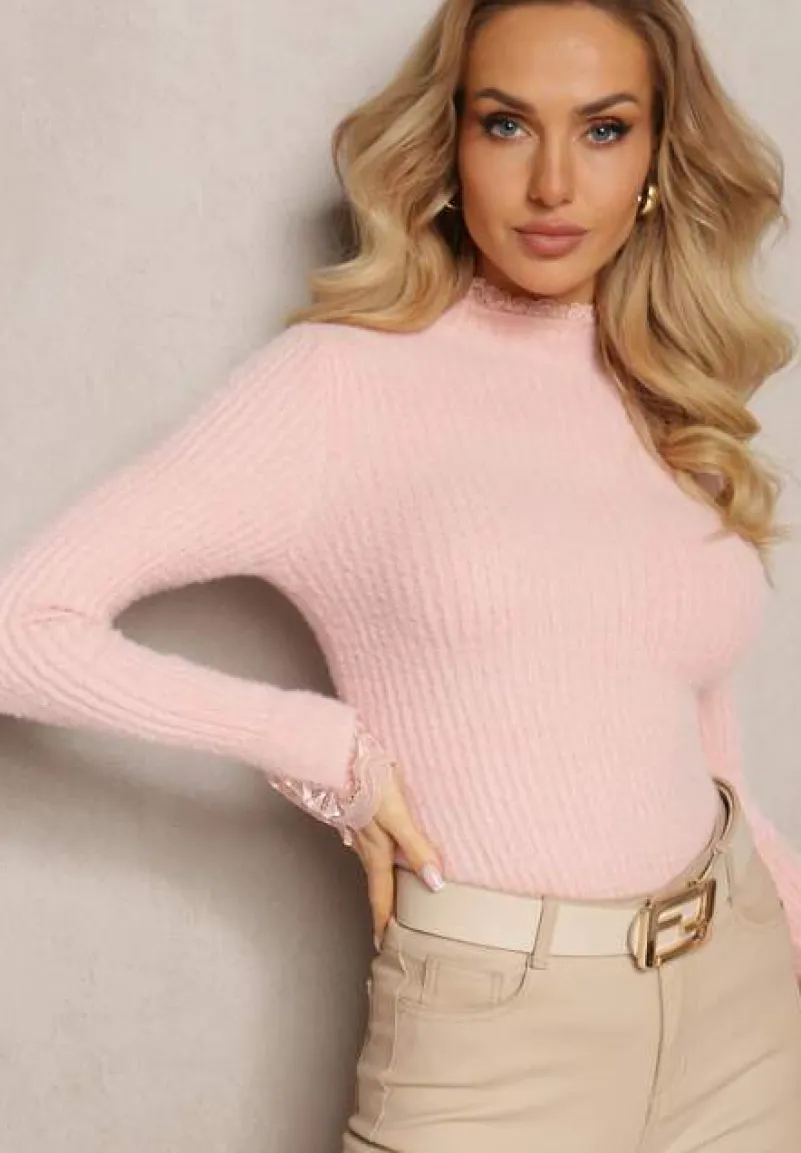 Jasnoróżowy Wełniany Golf z Elastycznej Dzianiny Starbana