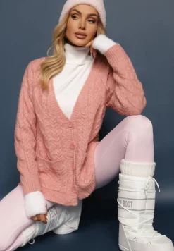 Jasnoróżowy Zapinany Kardigan z Trójkątnym Dekoltem i Warkoczykowy Splot Juessa