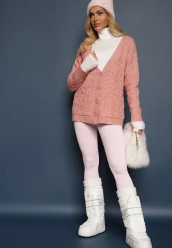 Jasnoróżowy Zapinany Kardigan z Trójkątnym Dekoltem i Warkoczykowy Splot Juessa