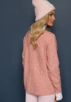 Jasnoróżowy Zapinany Kardigan z Trójkątnym Dekoltem i Warkoczykowy Splot Juessa