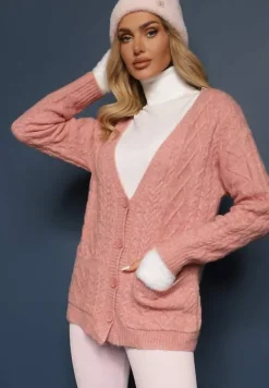 Jasnoróżowy Zapinany Kardigan z Trójkątnym Dekoltem i Warkoczykowy Splot Juessa