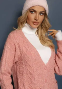Jasnoróżowy Zapinany Kardigan z Trójkątnym Dekoltem i Warkoczykowy Splot Juessa