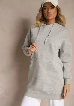 Jasnoszara Bluza Długa z Kapturem Firro