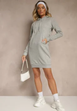 Jasnoszara Bluza Tunika z Dodatkiem Bawełny Wykończona Sznurkami i Kapturem Mivithia